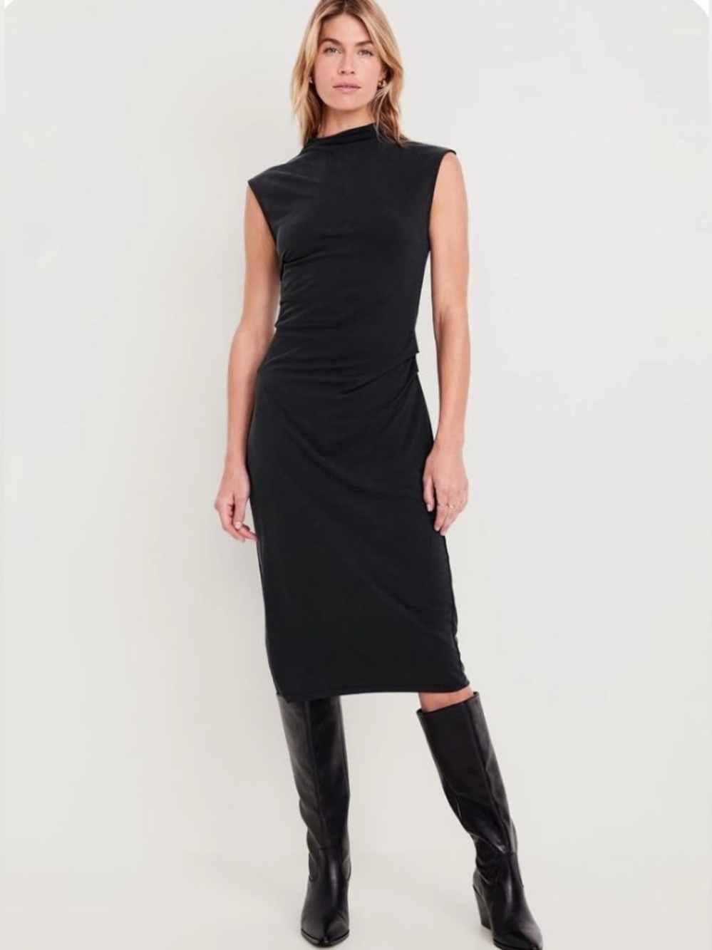 Old Navy Black Sleeveless Mock-Neck Ruched Midi Dress NWT